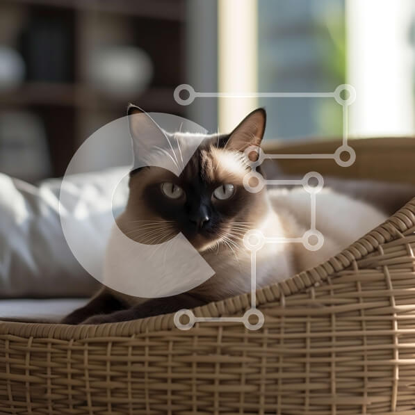 Intra Συλλεκτικό Ξύλινο Παζλ Plywood  4mm - Αξιολάτρευτη σιαμέζα γάτα σε ψάθινο καλάθι σε ξύλινο πάτωμα Σε Ξύλινο Κουτί - Διαστάσεις: 10x10 cm – 25 κομμάτια