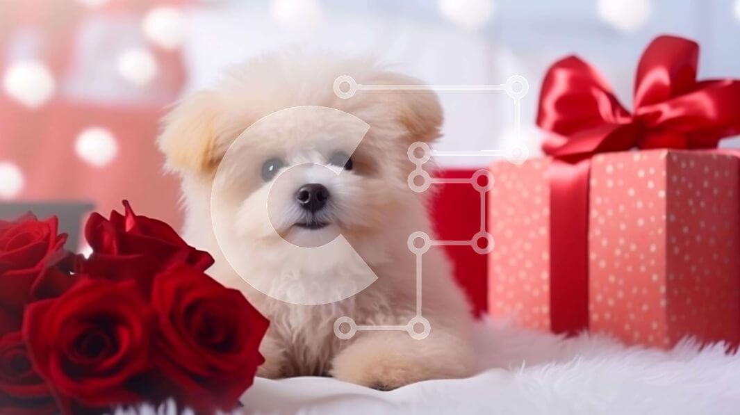 Σετ των 2 Intra Συλλεκτικό Ξύλινο Παζλ Plywood  4mm - Αξιολάτρευτο λευκό κουτάβι με κόκκινα τριαντάφυλλα και δώρα Σε Ξύλινο Κουτί - Διαστάσεις: 10x10 cm – 25 κομμάτια