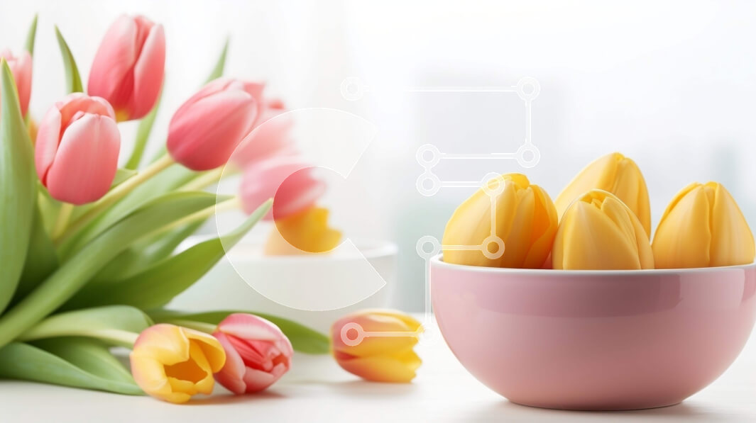 Intra Συλλεκτικό Ξύλινο Παζλ Plywood  4mm - Σύνθεση τουλίπας με θέμα το Πάσχα σε ροζ μπολ Σε Ξύλινο Κουτί - Διαστάσεις Puzzle: 10x10 cm – 25 κομμάτια