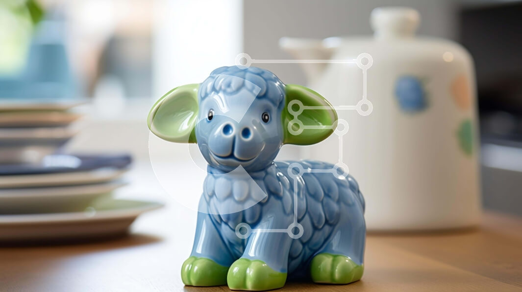 Intra Συλλεκτικό Ξύλινο Παζλ Plywood  4mm - Μπλε και πράσινο κεραμικό ειδώλιο ζώου στο τραπέζι Σε Ξύλινο Κουτί - Διαστάσεις: 10x10 cm – 25 κομμάτια