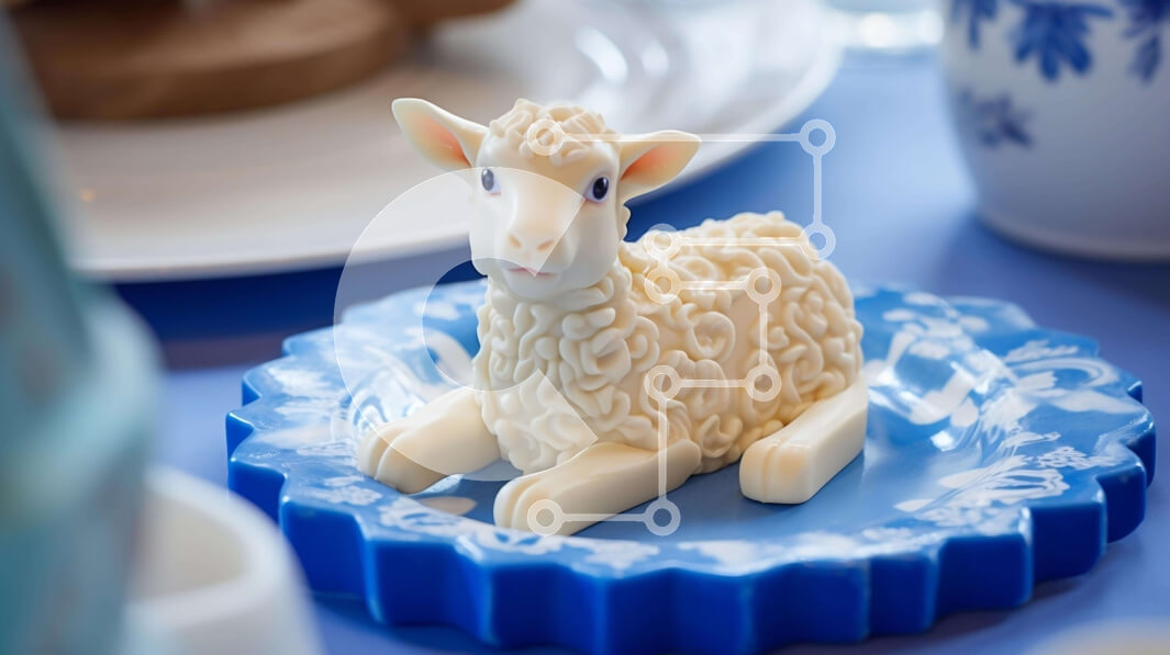 Intra Συλλεκτικό Ξύλινο Παζλ Plywood  4mm - Μικρό λευκό ειδώλιο προβάτου σε μπλε και άσπρο πιάτο Σε Ξύλινο Κουτί - Διαστάσεις: 10x10 cm – 25 κομμάτια