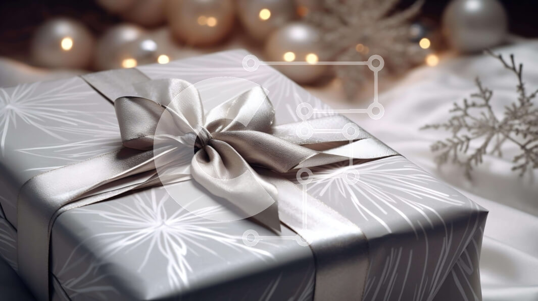 Intra Συλλεκτικό Ξύλινο Παζλ Plywood  4mm - Ασημένιο κουτί δώρου με λευκή κορδέλα και χριστουγεννιάτικα στολίδια σε νιφάδες χιονιού Σε Ξύλινο Κουτί - Διαστάσεις: 10x10 cm – 25 κομμάτια