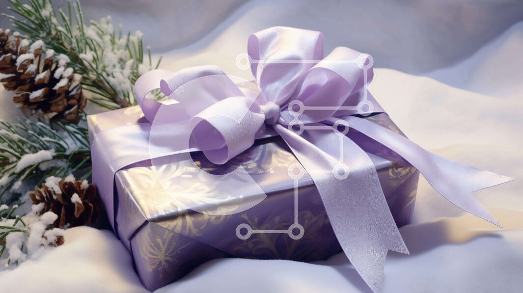 Intra Συλλεκτικό Ξύλινο Παζλ Plywood  4mm - Μωβ κουτί δώρου με φιόγκο σε χιονισμένο έδαφος Σε Ξύλινο Κουτί - Διαστάσεις: 10x10 cm – 25 κομμάτια