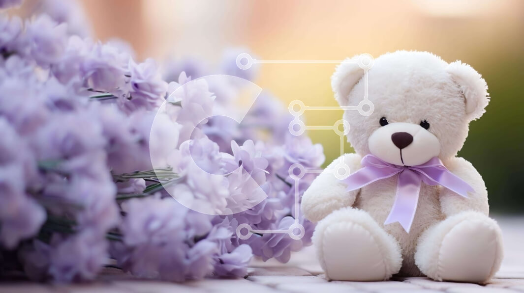 Intra Συλλεκτικό Ξύλινο Παζλ Plywood  4mm - Λευκό αρκουδάκι που περιβάλλεται από μωβ λουλούδια Σε Ξύλινο Κουτί - Διαστάσεις: 10x10 cm – 25 κομμάτια