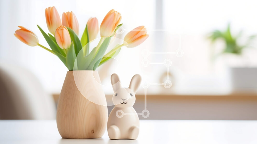 Intra Συλλεκτικό Ξύλινο Παζλ Plywood  4mm - Ξύλινο ειδώλιο λαγουδάκι με πορτοκαλί τουλίπες και ανθοσυνθέσεις Σε Ξύλινο Κουτί - Διαστάσεις: 10x10 cm – 25 κομμάτια