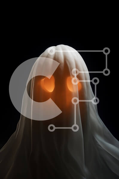 Intra Συλλεκτικό Ξύλινο Παζλ Plywood  4mm - Φάντασμα με λαμπερά πορτοκαλί μάτια που αντιπροσωπεύουν το πνεύμα του Halloween Σε Ξύλινο Κουτί - Διαστάσεις Puzzle: 10x10 cm – 25 κομμάτια