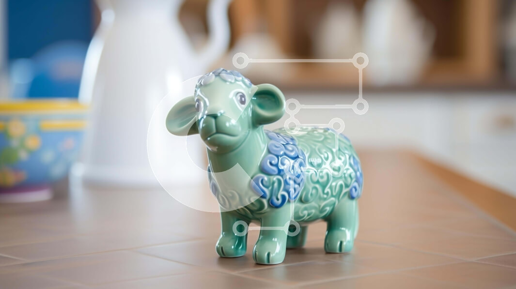 Intra Συλλεκτικό Ξύλινο Παζλ Plywood  4mm - Πράσινο και μπλε κεραμικό ειδώλιο προβάτου στον πάγκο με φλιτζάνια και μπολ Σε Ξύλινο Κουτί - Διαστάσεις: 10x10 cm – 25 κομμάτια