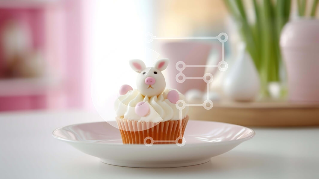 Σετ των 2 Intra Συλλεκτικό Ξύλινο Παζλ Plywood  4mm - Αξιολάτρευτο Bunny Cupcake σε λευκό πιάτο με φυτά σε γλάστρες Σε Ξύλινο Κουτί - Διαστάσεις: 10x10 cm – 25 κομμάτια