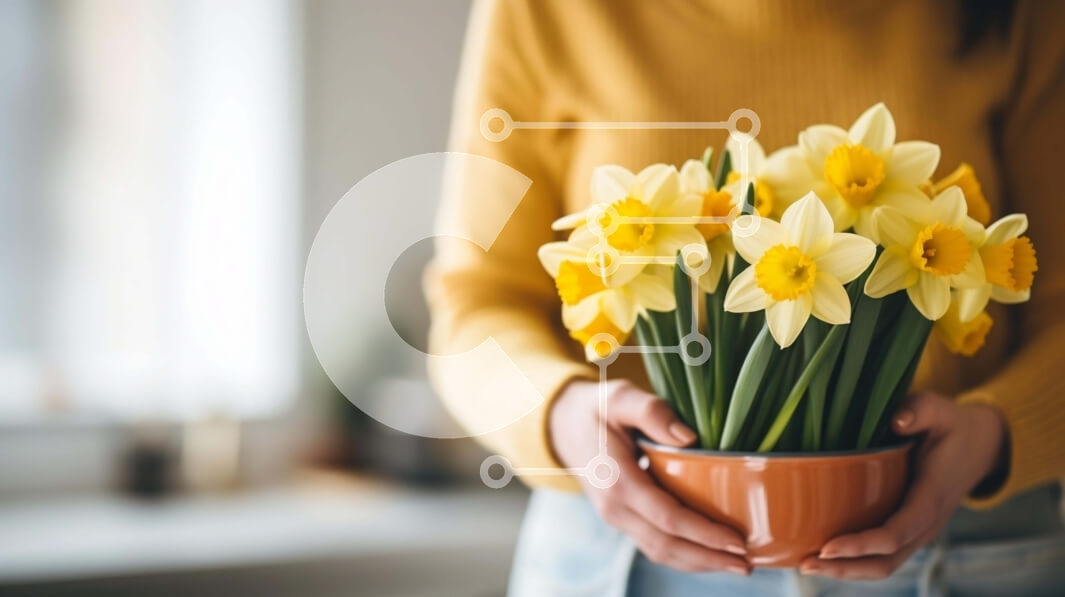 Intra Συλλεκτικό Ξύλινο Παζλ Plywood  4mm - Γυναίκα που κρατά φρέσκους κίτρινους νάρκισσους Σε Ξύλινο Κουτί - Διαστάσεις: 10x10 cm – 25 κομμάτια