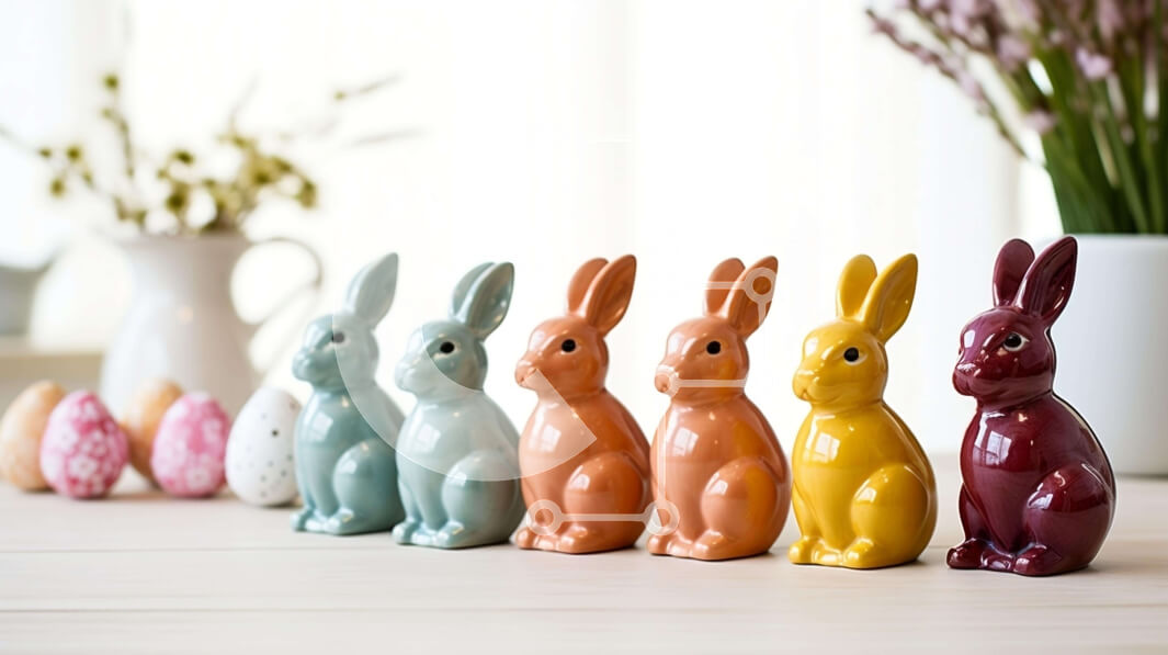 Intra Συλλεκτικό Ξύλινο Παζλ Plywood  4mm - Πολύχρωμα κεραμικά ειδώλια κουνελιών με θέμα το Πάσχα σε ξύλινο τραπέζι Σε Ξύλινο Κουτί - Διαστάσεις Puzzle: 10x10 cm – 25 κομμάτια