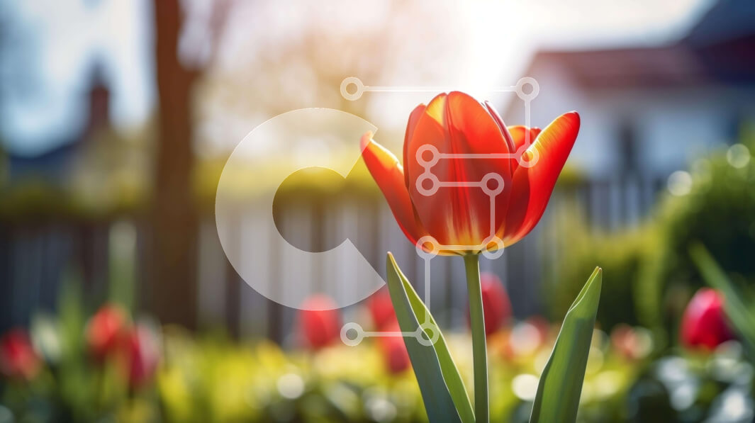 Intra Συλλεκτικό Ξύλινο Παζλ Plywood  4mm - Ανθισμένη κόκκινη τουλίπα σε έναν κήπο Σε Ξύλινο Κουτί - Διαστάσεις: 10x10 cm – 25 κομμάτια