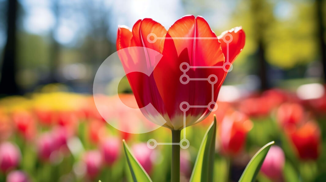 Intra Συλλεκτικό Ξύλινο Παζλ Plywood  4mm - Κόκκινη τουλίπα που περιβάλλεται από ροζ και λευκά λουλούδια Σε Ξύλινο Κουτί - Διαστάσεις: 10x10 cm – 25 κομμάτια