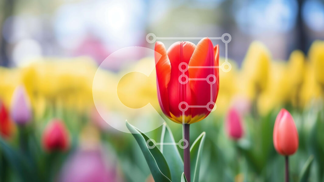 Intra Συλλεκτικό Ξύλινο Παζλ Plywood  4mm - Ζωντανό χωράφι λουλουδιών με κόκκινη τουλίπα Σε Ξύλινο Κουτί - Διαστάσεις: 10x10 cm – 25 κομμάτια