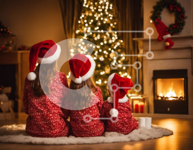 Intra Συλλεκτικό Ξύλινο Παζλ Plywood  4mm - Νεαρά κορίτσια που απολαμβάνουν τα Χριστούγεννα δίπλα στο δέντρο με τα καπέλα του Άγιου Βασίλη Σε Ξύλινο Κουτί - Διαστάσεις: 10x10 cm – 25 κομμάτια