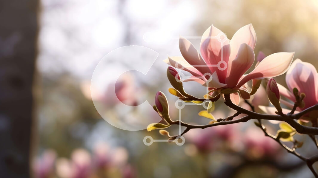 Intra Συλλεκτικό Ξύλινο Παζλ Plywood  4mm - Ανθισμένο ροζ δέντρο μανόλιας στο φως του ήλιου Σε Ξύλινο Κουτί - Διαστάσεις: 10x10 cm – 25 κομμάτια