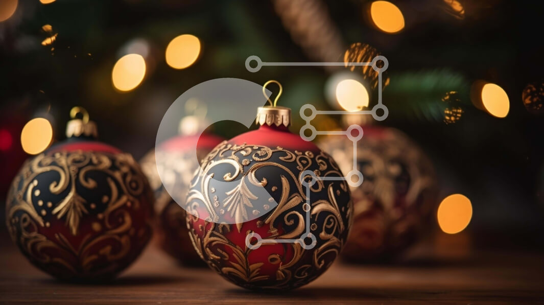 Intra Συλλεκτικό Ξύλινο Παζλ Plywood  4mm - Κόκκινα και χρυσά χριστουγεννιάτικα στολίδια μπροστά από ένα φωτισμένο δέντρο Σε Ξύλινο Κουτί - Διαστάσεις: 10x10 cm – 25 κομμάτια