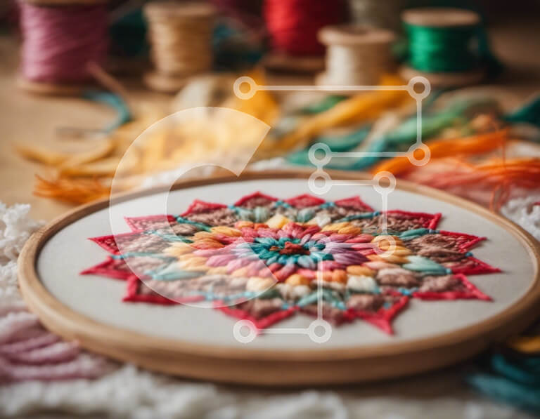 Intra Συλλεκτικό Ξύλινο Παζλ Plywood  4mm - Πολύχρωμο τσέρκι κεντήματος με σχέδιο Mandala Σε Ξύλινο Κουτί - Διαστάσεις Puzzle: 10x10 cm – 25 κομμάτια