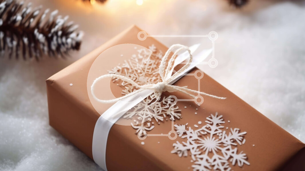 Intra Συλλεκτικό Ξύλινο Παζλ Plywood  4mm - Καφέ κουτί δώρου με λευκή κορδέλα σε νιφάδες χιονιού Σε Ξύλινο Κουτί - Διαστάσεις: 10x10 cm – 25 κομμάτια