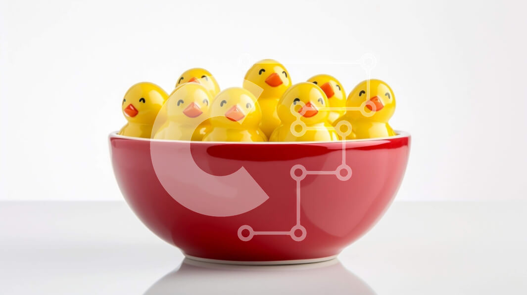 Intra Συλλεκτικό Ξύλινο Παζλ Plywood  4mm - Παιχνιδιάρικο κόκκινο μπολ με κίτρινες πάπιες και κομμάτια χαρτιού Σε Ξύλινο Κουτί - Διαστάσεις: 10x10 cm – 25 κομμάτια