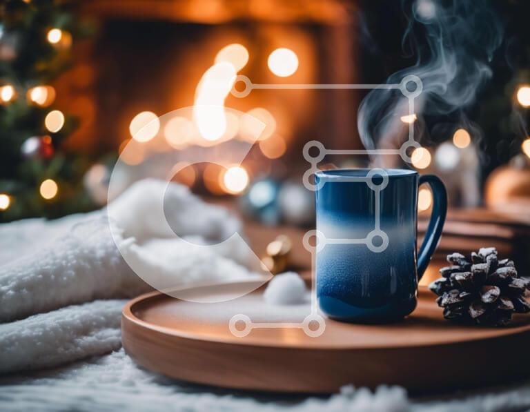 Intra Συλλεκτικό Ξύλινο Παζλ Plywood  4mm - Μπλε κούπα καφέ με ατμό δίπλα στο τζάκι Σε Ξύλινο Κουτί - Διαστάσεις Puzzle: 10x10 cm – 25 κομμάτια