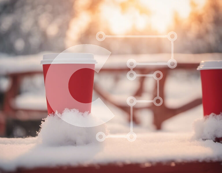 Intra Συλλεκτικό Ξύλινο Παζλ Plywood  4mm - Κόκκινα φλιτζάνια καφέ στο χιονισμένο τραπέζι πικνίκ Σε Ξύλινο Κουτί - Διαστάσεις Puzzle: 10x10 cm – 25 κομμάτια