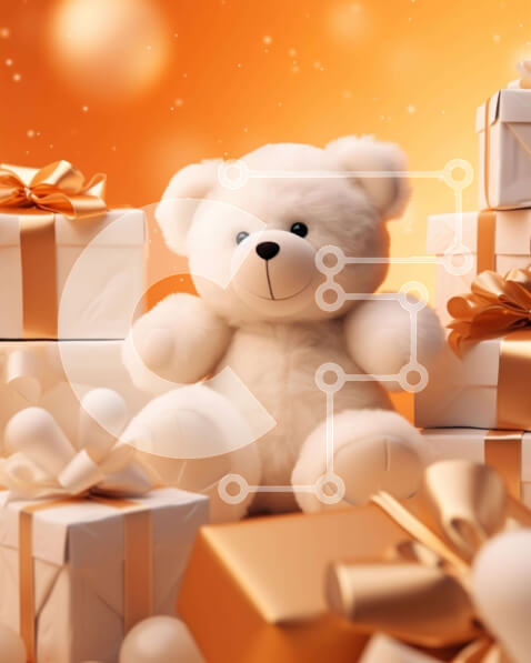 Intra Συλλεκτικό Ξύλινο Παζλ Plywood  4mm - Λευκό αρκουδάκι με χρυσά κουτιά δώρων σε εορταστικό πορτοκαλί φόντο Σε Ξύλινο Κουτί - Διαστάσεις: 10x10 cm – 25 κομμάτια
