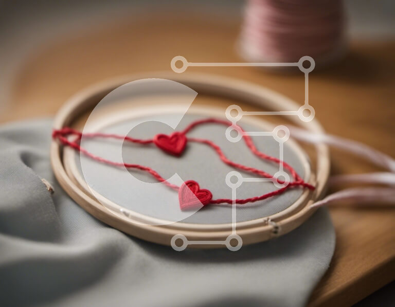 Intra Συλλεκτικό Ξύλινο Παζλ Plywood  4mm - Κέντημα τσέρκι με κόκκινες καρδιές σε ύφασμα Σε Ξύλινο Κουτί - Διαστάσεις Puzzle: 10x10 cm – 25 κομμάτια