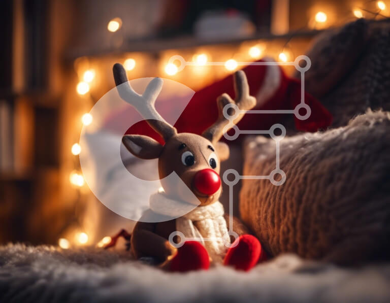 Intra Συλλεκτικό Ξύλινο Παζλ Plywood  4mm - Γεμιστοί τάρανδοι με κόκκινη μύτη σε διακοσμημένο κρεβάτι Σε Ξύλινο Κουτί - Διαστάσεις: 10x10 cm – 25 κομμάτια