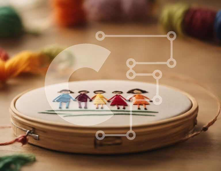 Intra Συλλεκτικό Ξύλινο Παζλ Plywood  4mm - Κέντημα τσέρκι με ζωγραφισμένη στο χέρι απεικόνιση παιδιών που κρατούν τα χέρια Σε Ξύλινο Κουτί - Διαστάσεις Puzzle: 10x10 cm – 25 κομμάτια