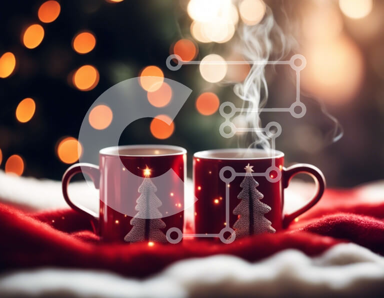 Intra Συλλεκτικό Ξύλινο Παζλ Plywood  4mm - Κόκκινες κούπες καφέ σε μια εορταστική κουβέρτα με χριστουγεννιάτικα φώτα Σε Ξύλινο Κουτί - Διαστάσεις Puzzle: 10x10 cm – 25 κομμάτια