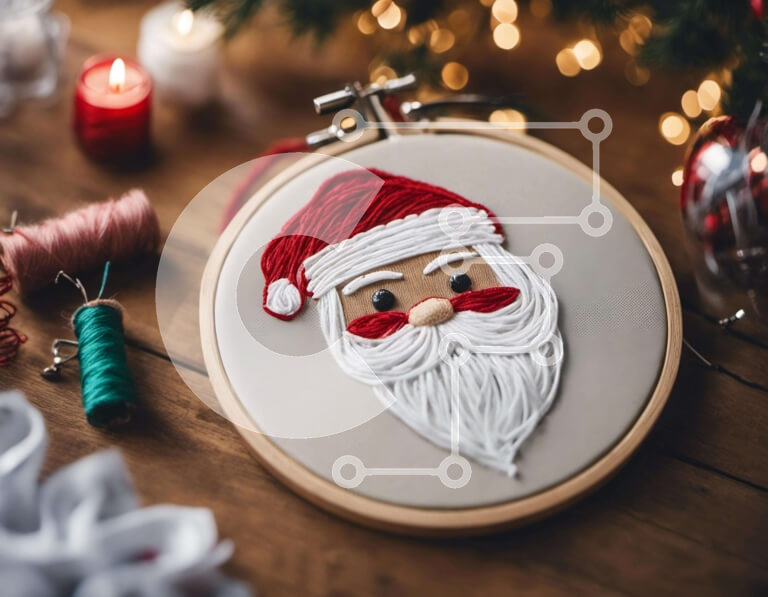 Intra Συλλεκτικό Ξύλινο Παζλ Plywood  4mm - Τσέρκι κεντήματος Άγιου Βασίλη σε ξύλινο τραπέζι με χριστουγεννιάτικα στολίδια Σε Ξύλινο Κουτί - Διαστάσεις Puzzle: 10x10 cm – 25 κομμάτια