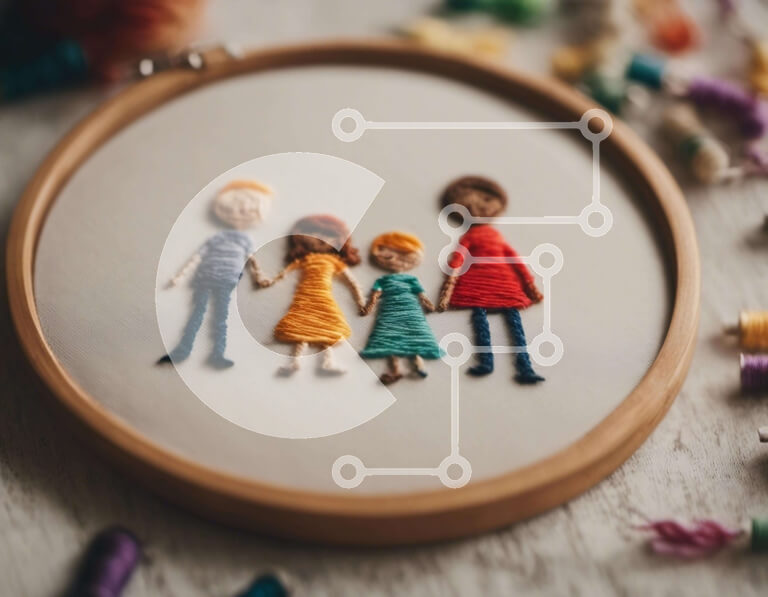 Intra Συλλεκτικό Ξύλινο Παζλ Plywood  4mm - Έργο τέχνης με τσέρκι κεντήματος με ανθρώπους που κρατούν τα χέρια Σε Ξύλινο Κουτί - Διαστάσεις Puzzle: 10x10 cm – 25 κομμάτια