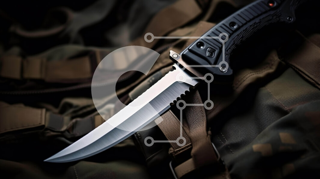 Intra Συλλεκτικό Ξύλινο Παζλ Plywood  4mm - Μαχαίρι σε καμουφλαρισμένο σακίδιο στρατού Σε Ξύλινο Κουτί - Διαστάσεις Puzzle: 10x10 cm – 25 κομμάτια