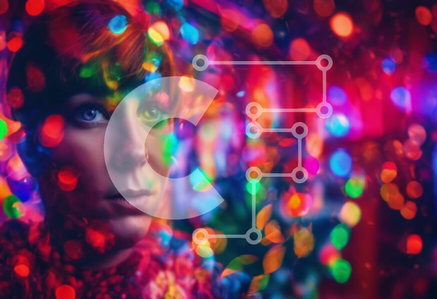 Intra Συλλεκτικό Ξύλινο Παζλ Plywood  4mm - Αφηρημένη Φωτογραφία - Γυναίκα μπροστά από τα πολύχρωμα φώτα Σε Ξύλινο Κουτί - Διαστάσεις Puzzle: 10x10 cm – 25 κομμάτια