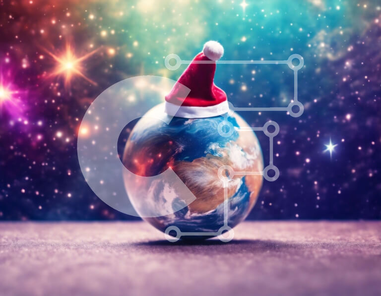 Intra Συλλεκτικό Ξύλινο Παζλ Plywood  4mm - Σφαίρα με καπέλο Santa σε αφηρημένο διαστημικό φόντο Σε Ξύλινο Κουτί - Διαστάσεις Puzzle: 10x10 cm – 25 κομμάτια