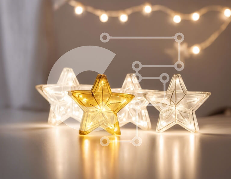 Intra Συλλεκτικό Ξύλινο Παζλ Plywood  4mm - Λευκά φώτα σε σχήμα αστεριού σε τραπέζι με φώτα χορδών Σε Ξύλινο Κουτί - Διαστάσεις Puzzle: 10x10 cm – 25 κομμάτια