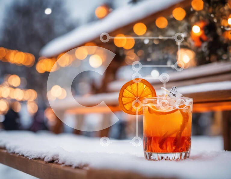 Intra Συλλεκτικό Ξύλινο Παζλ Plywood  4mm - Ποτό πορτοκαλιού σε χιονισμένο πάγκο με φώτα στο φόντο Σε Ξύλινο Κουτί - Διαστάσεις Puzzle: 10x10 cm – 25 κομμάτια