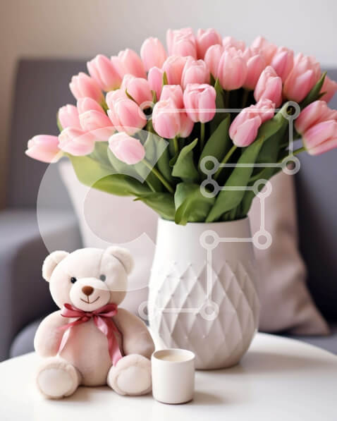 Intra Συλλεκτικό Ξύλινο Παζλ Plywood  4mm - Αρκουδάκι και ροζ τουλίπες στο τραπεζάκι σαλονιού Σε Ξύλινο Κουτί - Διαστάσεις Puzzle: 10x10 cm – 25 κομμάτια