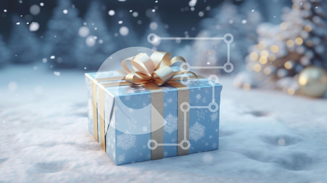 Intra Συλλεκτικό Ξύλινο Παζλ Plywood  4mm - Μπλε κουτί δώρου με διακοσμητικό φιόγκο στο χιόνι Σε Ξύλινο Κουτί - Διαστάσεις: 10x10 cm – 25 κομμάτια