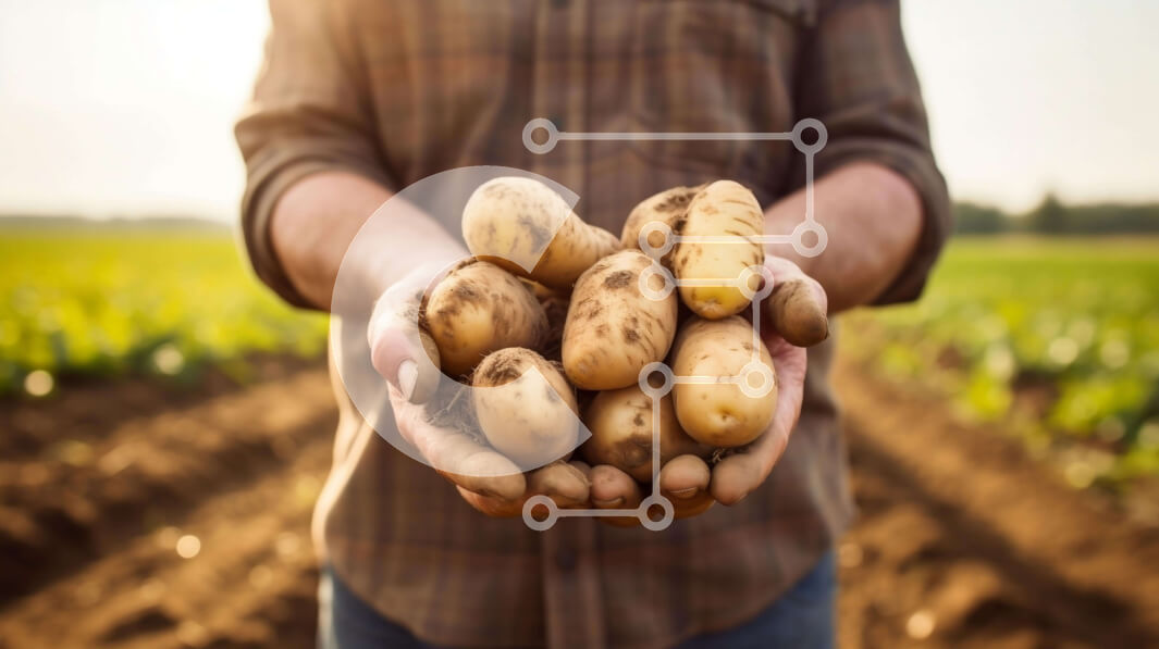 Intra Συλλεκτικό Ξύλινο Παζλ Plywood  4mm - Άτομο που κρατά ένα μάτσο πατάτες σε ένα γεωργικό χωράφι Σε Ξύλινο Κουτί - Διαστάσεις: 10x10 cm – 25 κομμάτια