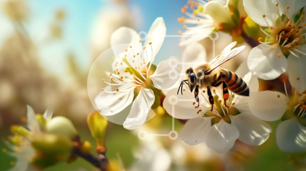 Intra Συλλεκτικό Ξύλινο Παζλ Plywood  4mm - Η μέλισσα που επικονιάζει τη μηλιά ανθίζει μια ηλιόλουστη μέρα Σε Ξύλινο Κουτί - Διαστάσεις: 10x10 cm – 25 κομμάτια