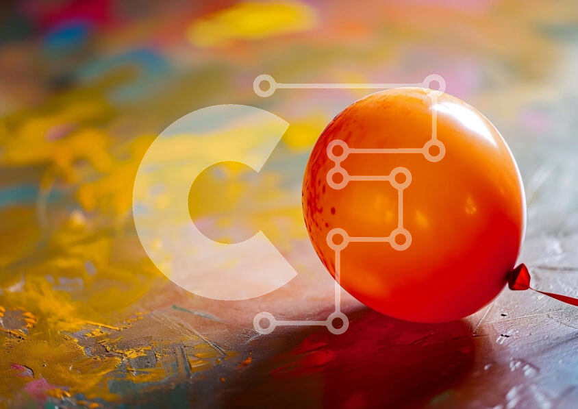 Intra Συλλεκτικό Ξύλινο Παζλ Plywood  4mm - Πορτοκαλί μπαλόνι με κόκκινο κορδόνι σε πολύχρωμο τραπέζι Σε Ξύλινο Κουτί - Διαστάσεις: 10x10 cm – 25 κομμάτια