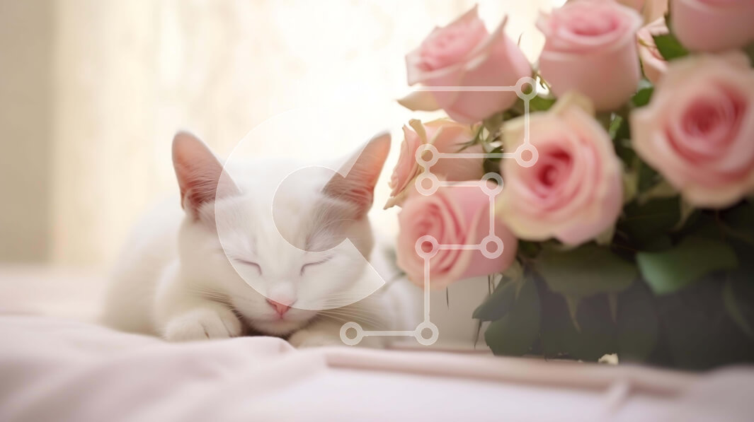 Σετ των 2 Intra Συλλεκτικό Ξύλινο Παζλ Plywood  4mm - Λευκή γάτα που κοιμάται σε ροζ τριαντάφυλλα Σε Ξύλινο Κουτί - Διαστάσεις: 10x10 cm – 25 κομμάτια