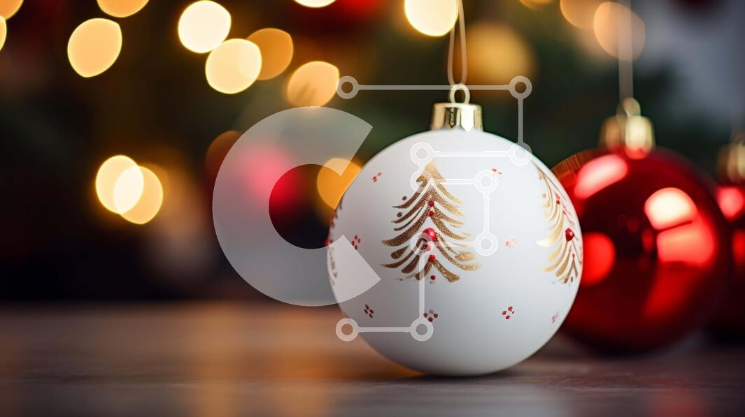 Intra Συλλεκτικό Ξύλινο Παζλ Plywood  4mm - Λευκές και κόκκινες χριστουγεννιάτικες μπάλες που κρέμονται σε φωτισμένο φόντο Σε Ξύλινο Κουτί - Διαστάσεις: 10x10 cm – 25 κομμάτια