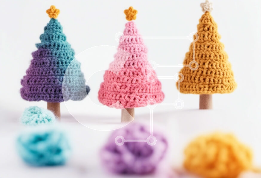 Intra Συλλεκτικό Ξύλινο Παζλ Plywood  4mm - Χριστουγεννιάτικα δέντρα με κροσέ με πολύχρωμες διακοσμήσεις από νήματα Σε Ξύλινο Κουτί - Διαστάσεις: 10x10 cm – 25 κομμάτια