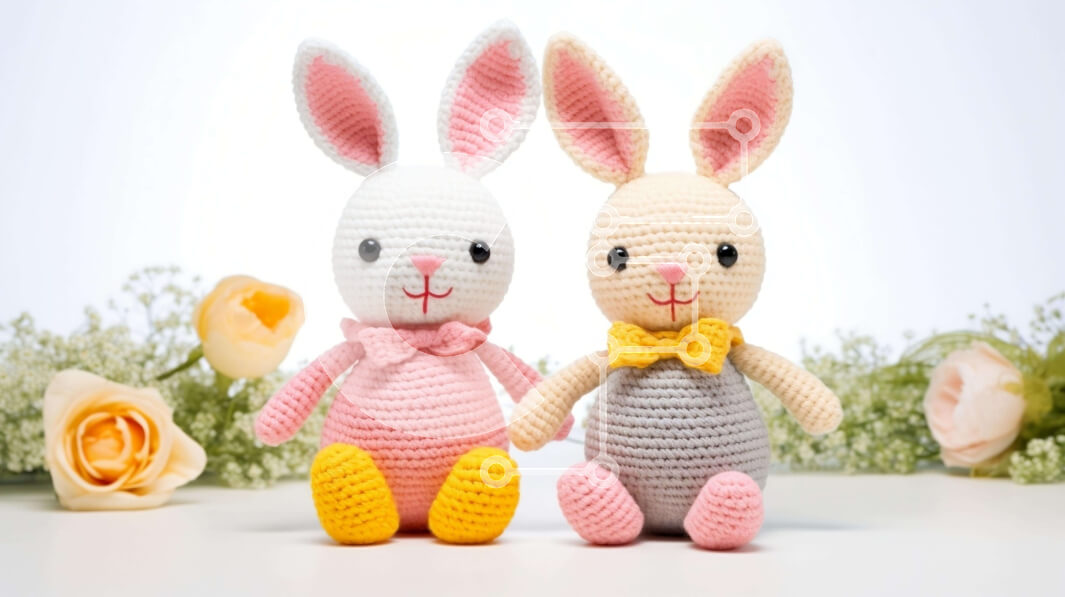 Intra Συλλεκτικό Ξύλινο Παζλ Plywood  4mm - Κουνελάκια με κροσέ με ροζ και κίτρινα ρούχα σε λευκό τραπέζι Σε Ξύλινο Κουτί - Διαστάσεις: 10x10 cm – 25 κομμάτια