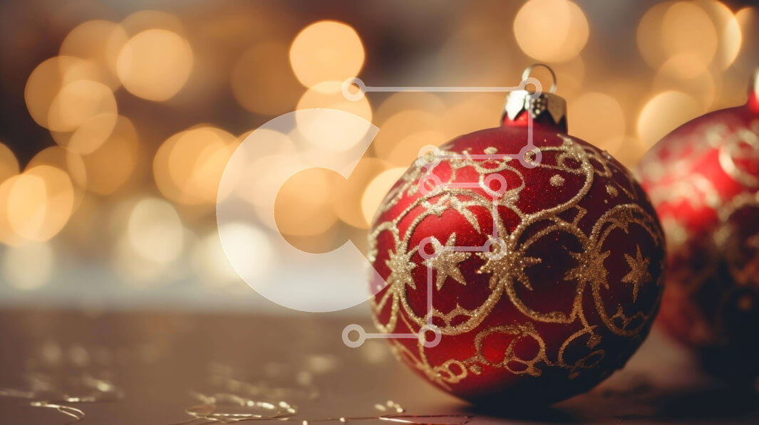 Intra Συλλεκτικό Ξύλινο Παζλ Plywood  4mm - Κόκκινες χριστουγεννιάτικες μπάλες με χρυσά φώτα Bokeh Σε Ξύλινο Κουτί - Διαστάσεις: 10x10 cm – 25 κομμάτια