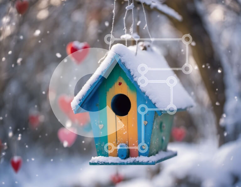 Intra Συλλεκτικό Ξύλινο Παζλ Plywood  4mm - Πολύχρωμο Birdhouse που κρέμεται από ένα δέντρο στο χιόνι Σε Ξύλινο Κουτί - Διαστάσεις: 10x10 cm – 25 κομμάτια