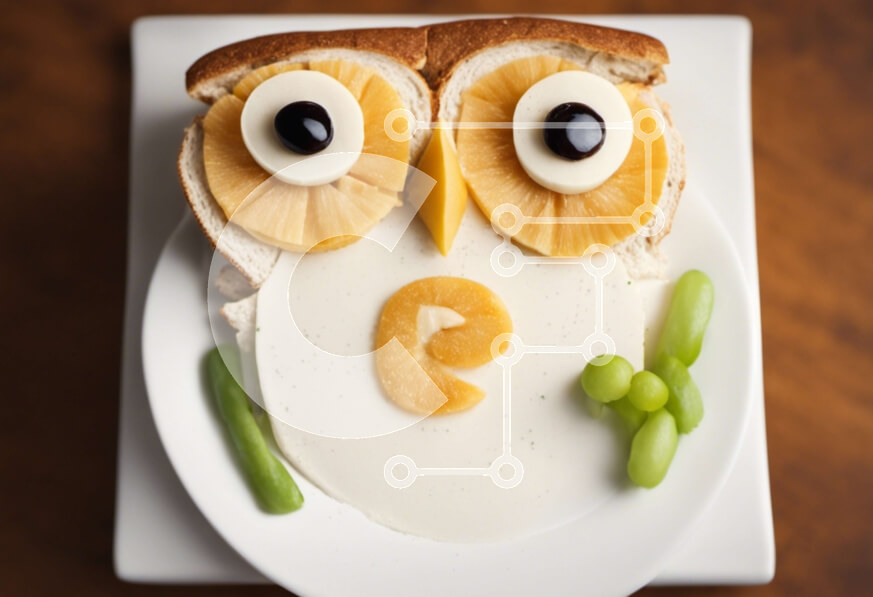 Σετ των 2 Intra Συλλεκτικό Ξύλινο Παζλ Plywood  4mm - Σάντουιτς σε σχήμα κουκουβάγιας σε λευκό πιάτο με φρούτα και λαχανικά Σε Ξύλινο Κουτί - Διαστάσεις: 10x10 cm – 25 κομμάτια