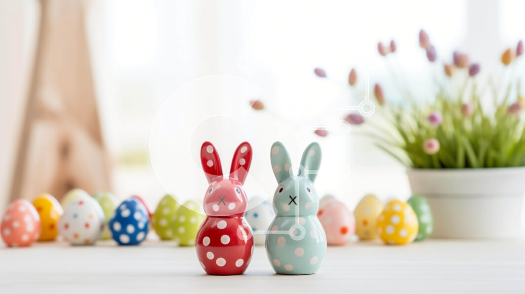 Intra Συλλεκτικό Ξύλινο Παζλ Plywood  4mm - Πολύχρωμα ειδώλια λαγουδάκι του Πάσχα σε ένα ξύλινο τραπέζι με λουλούδια Σε Ξύλινο Κουτί - Διαστάσεις Puzzle: 10x10 cm – 25 κομμάτια